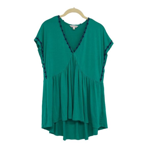 Nanette Lepore Teal Green Short Sleeve Flowy V-Neck yarn trim Blouse size L - Picture 2 of 16